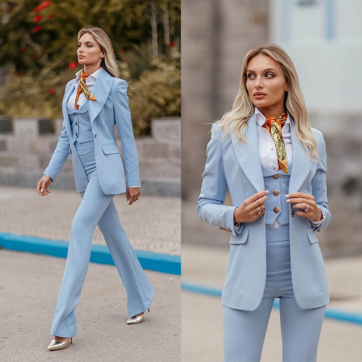 Women Formal Wear With Tie - Damen-Anzüge in Himmelblau mit Spitzrevers, Schlanke