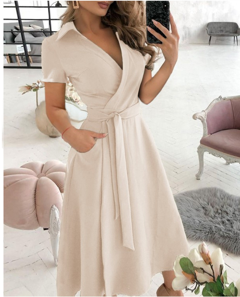 Wrap Dress Work - Damen-Wickelkleid mit kurzen Ärmeln, V-Ausschnitt, Midikleid