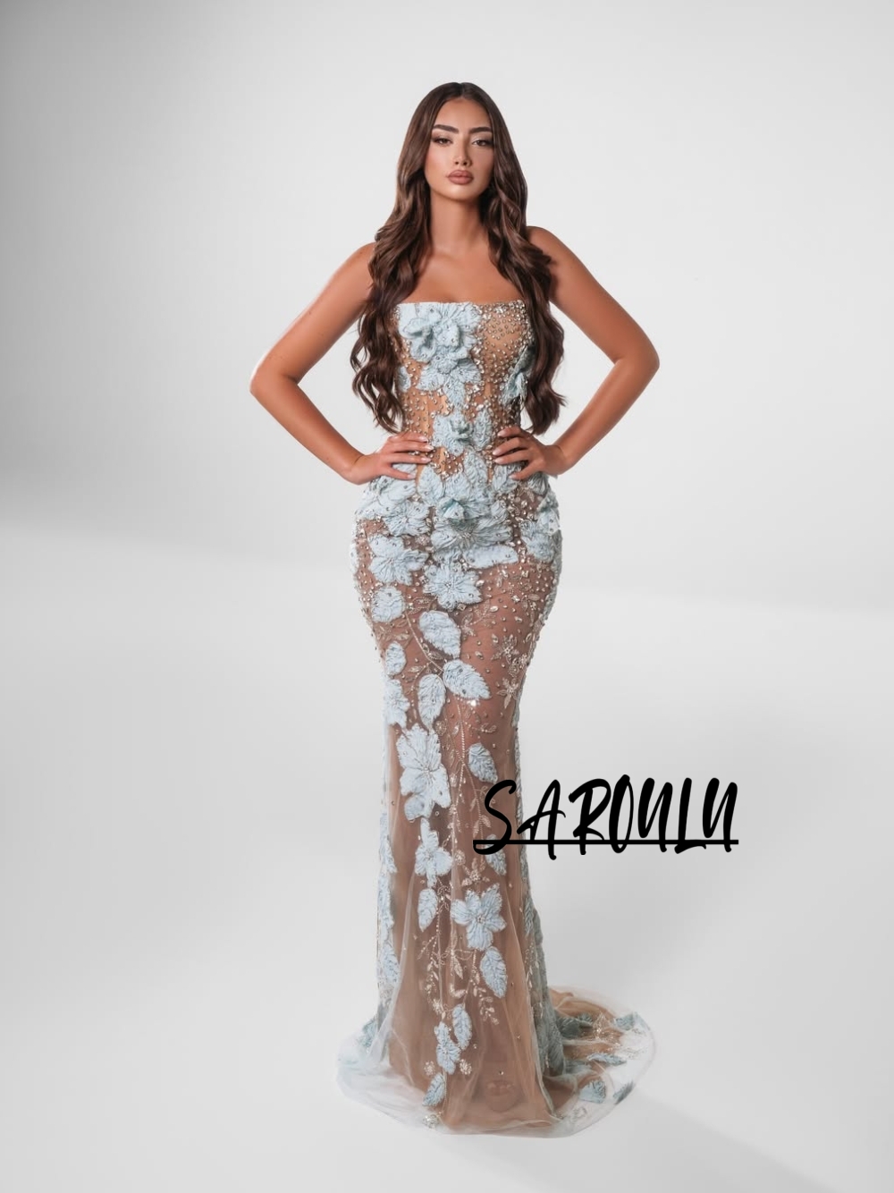 Women Formal Event Wear - Romantisches hellblaues Abendkleid mit Blumenmuster, funkelnden