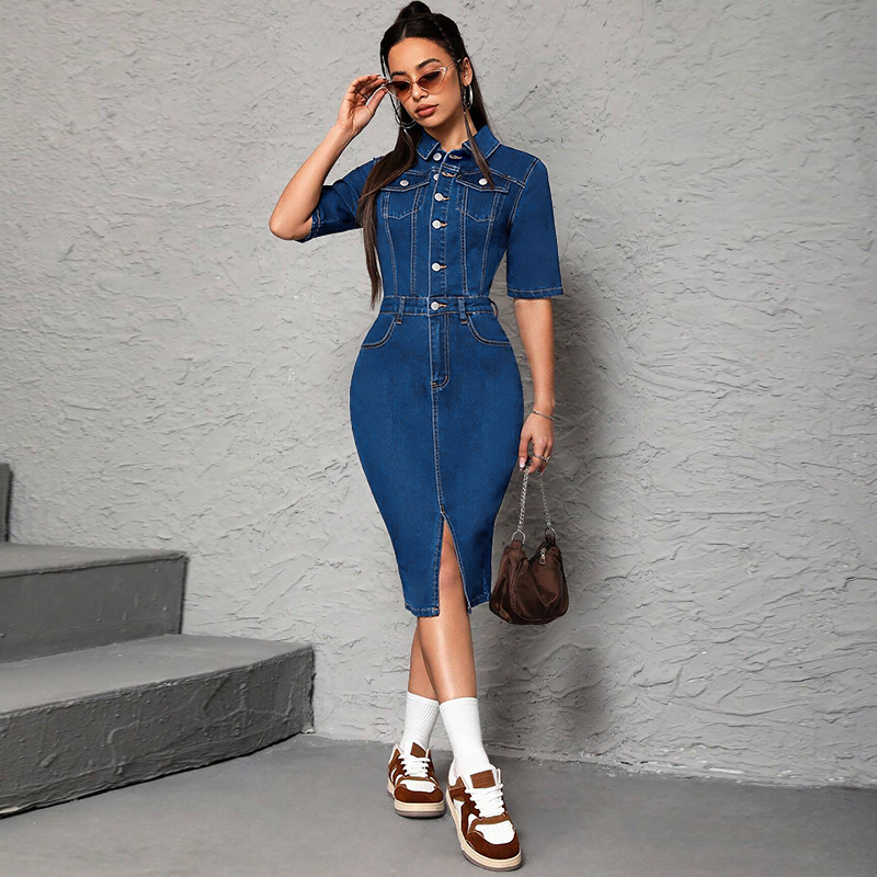 Wrap Dress Work - Damen Langes Kleid mit Umlegekragen Halber