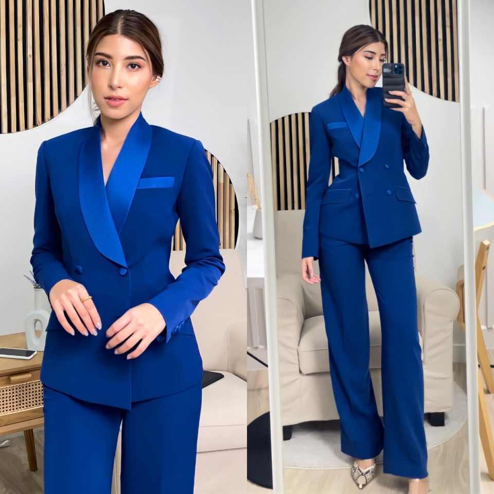 Women Formal Wear With Tie - Königsblaue Damen-Jacken-Sets, Maßgeschneiderte Doppelreihige Jacke mit