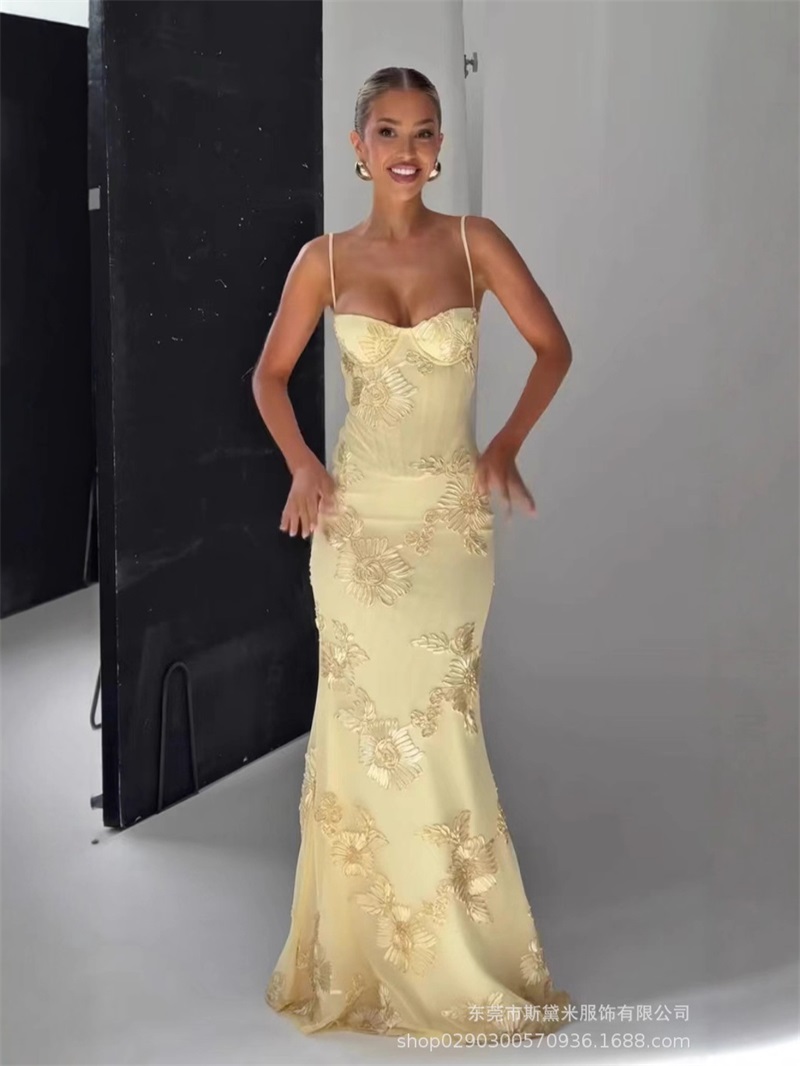 Yellow Formal Wear Women - Gelbe Stickerei Frauen Abendkleid Sexy Korsett