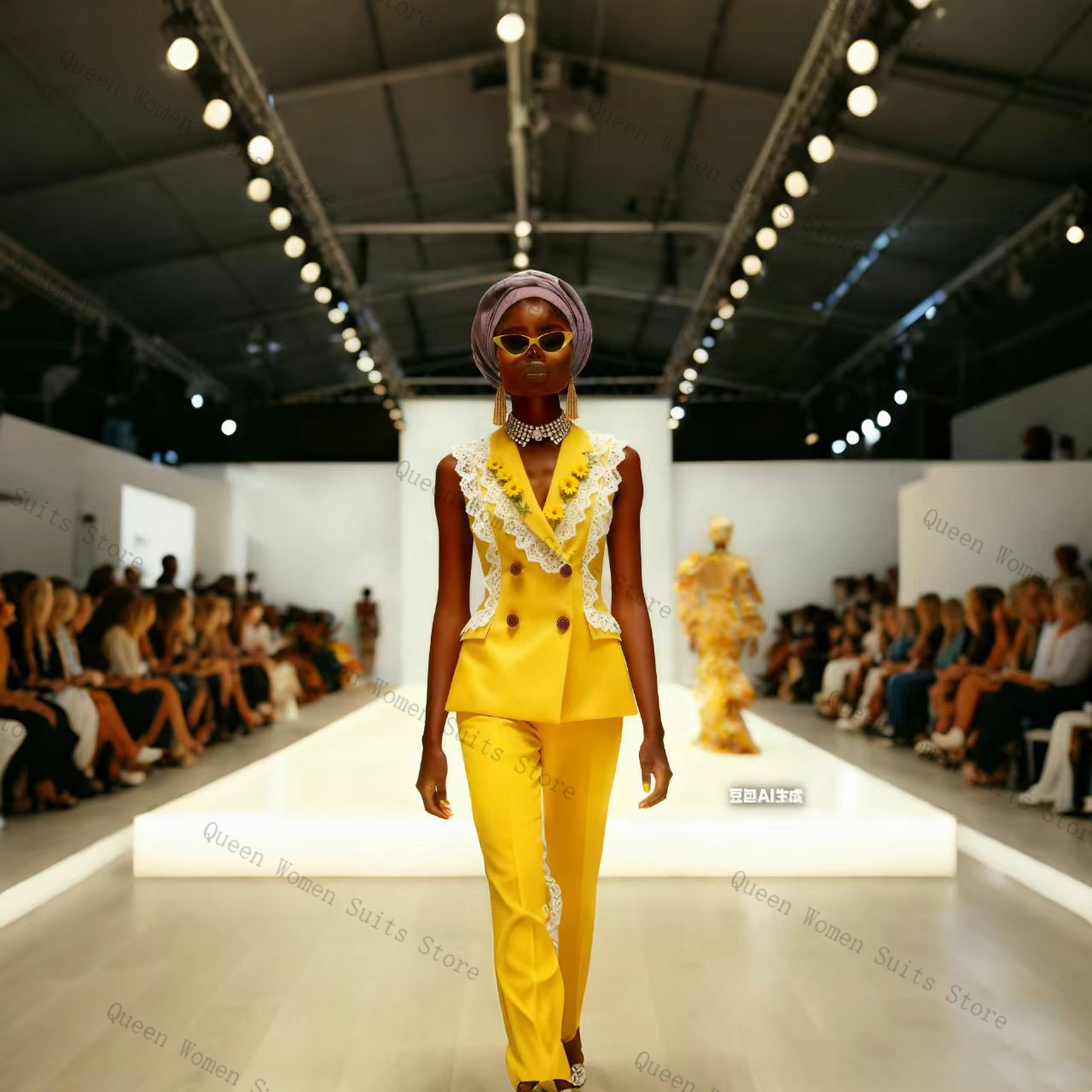 Yellow Formal Wear Women - Gelb-weißes Spitzen-Damenanzug-Set, 2-teilig, Weste + Hose,