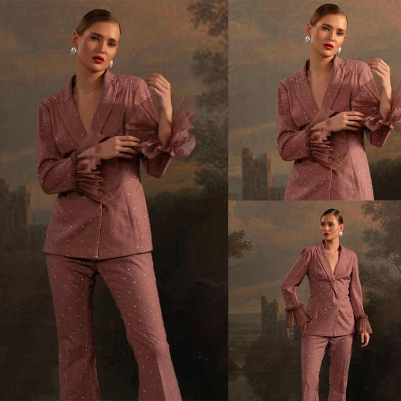 Women Formal Wear With Tie - Perlen-Blazer-Sets für Damen, maßgeschneidert, 2-teilig, zweireihig,