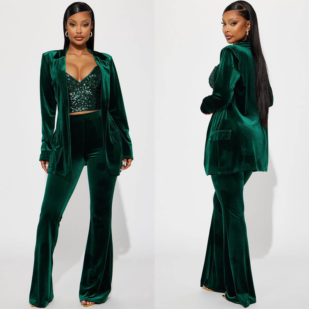 Women Formal Wear With Tie - Grüne Samt-Hosenanzüge für Damen, für Geburtstagsfeiern,