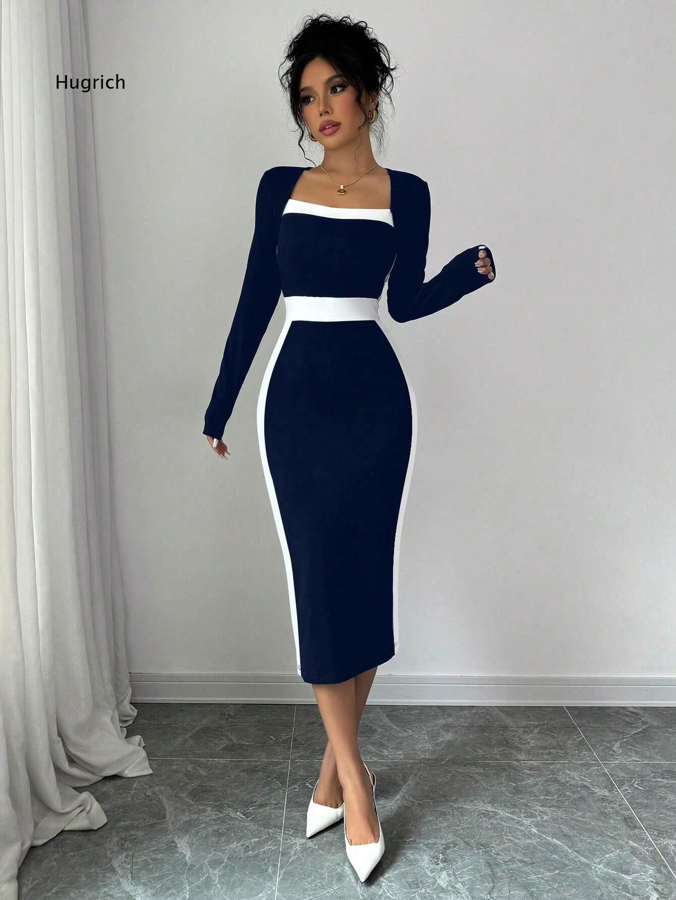 Women Formal Event Wear - Quadratischer Ausschnitt, Langarm, Midi-Bodycon-Kleid für Damen,