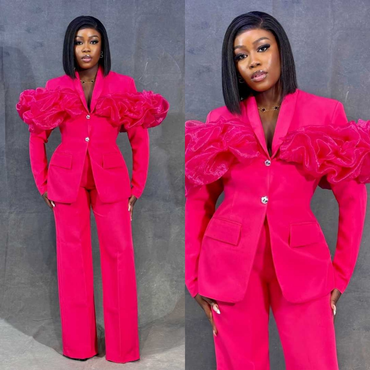Women Formal Wear With Tie - Maßgeschneiderte Hot Pink Damen-Hosenanzüge, schmale Passform,