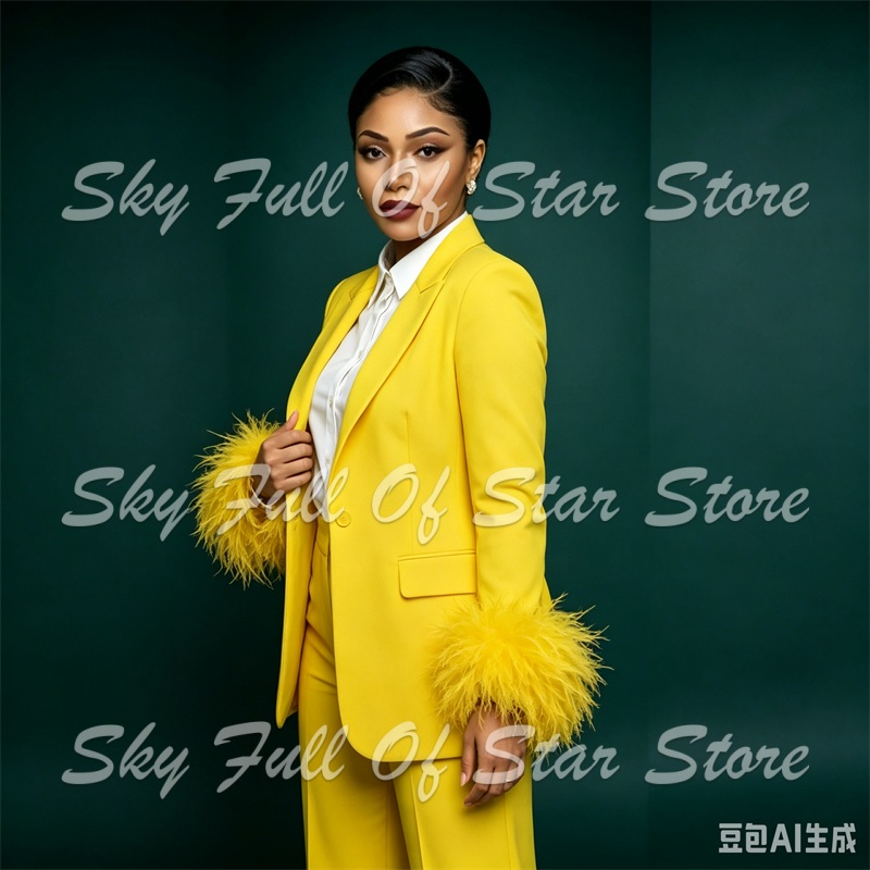 Hellgelbes Feder-Manschetten-D – Yellow Formal Wear Women Bewertung und Preis