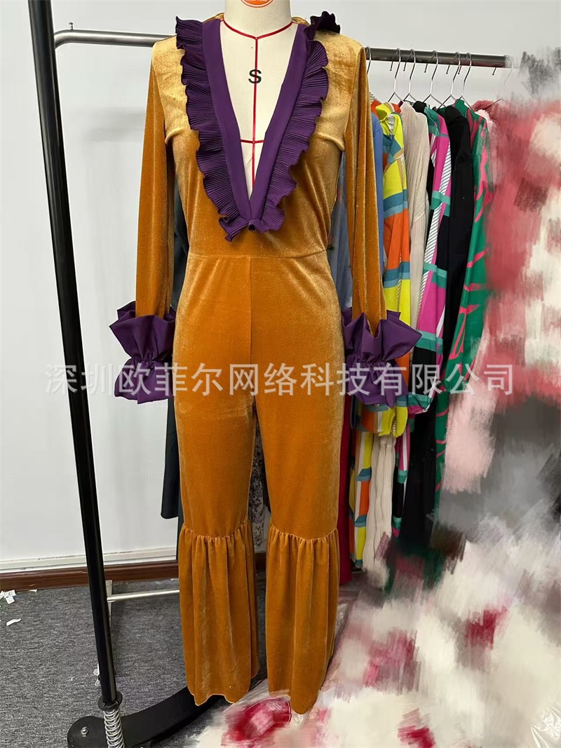 Gelb-Lila Samt-Jumpsuit für Da – Yellow Formal Wear Women Bewertung und Preis
